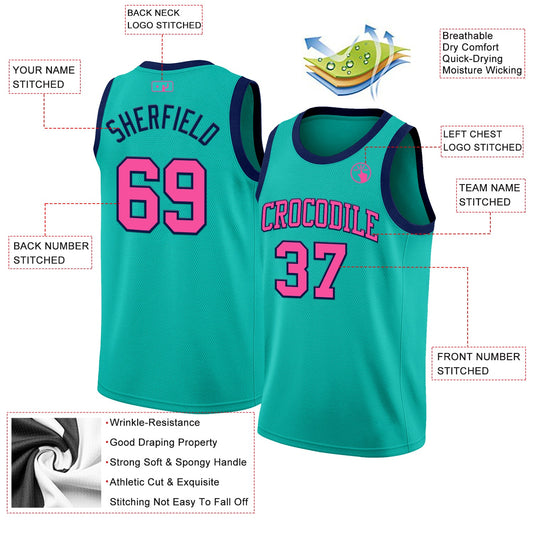 Custom Aqua Pink-Navy Authentic Basketball Jersey - Sky-Custom