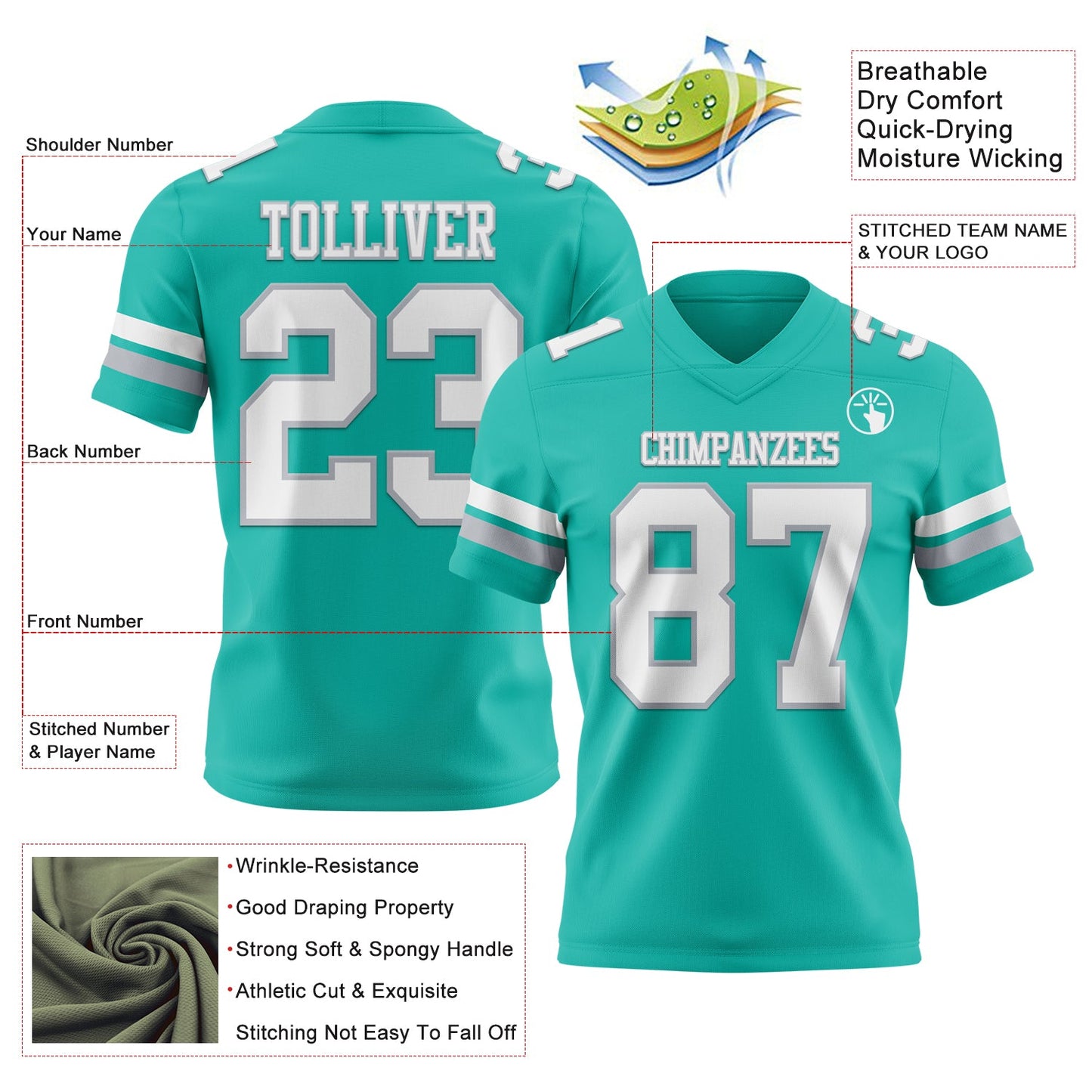 Custom Aqua White-Gray Mesh Authentic Football Jersey - Sky-Custom