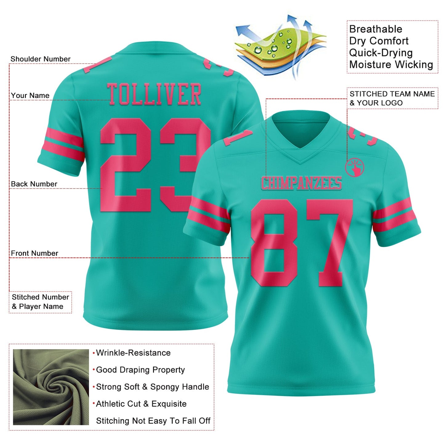 Custom Aqua Neon Pink Mesh Authentic Football Jersey - Sky-Custom