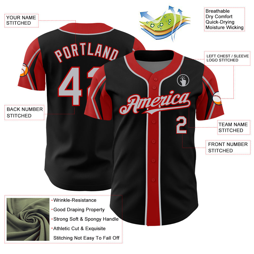 Custom Black Gray-Red 3 Colors Arm Shapes Authentic Baseball Jersey - Sky-Custom
