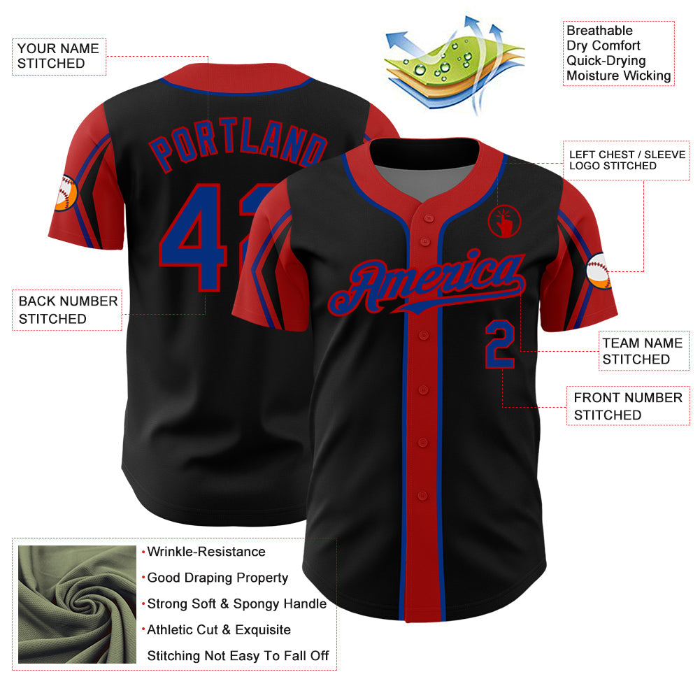 Custom Black Royal-Red 3 Colors Arm Shapes Authentic Baseball Jersey - Sky-Custom