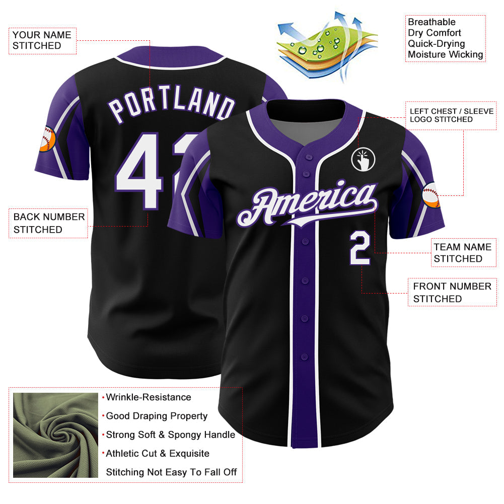 Custom Black White-Purple 3 Colors Arm Shapes Authentic Baseball Jersey - Sky-Custom