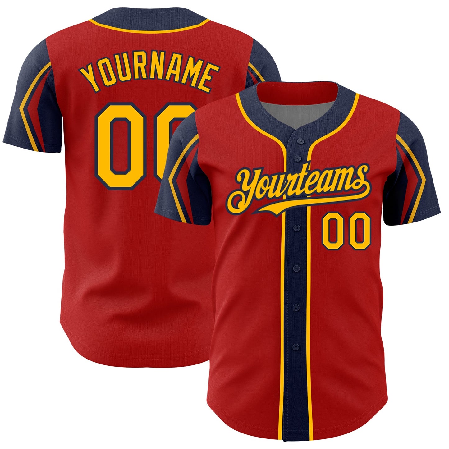 Custom Red Gold-Navy 3 Colors Arm Shapes Authentic Baseball Jersey - Sky-Custom