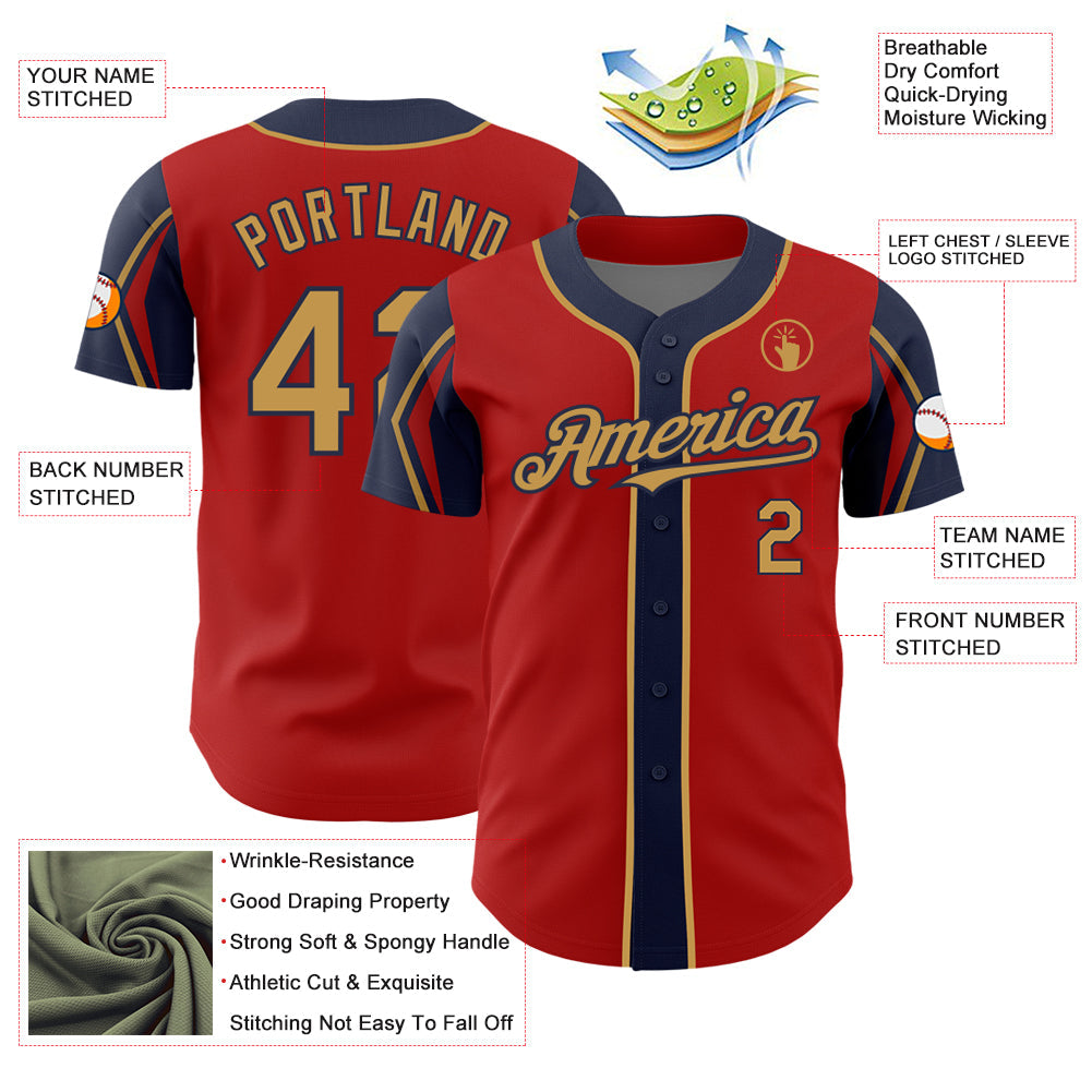 Custom Red Old Gold-Navy 3 Colors Arm Shapes Authentic Baseball Jersey - Sky-Custom