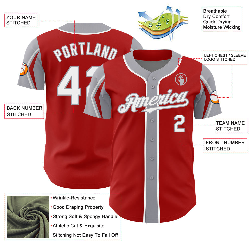 Custom Red White-Gray 3 Colors Arm Shapes Authentic Baseball Jersey - Sky-Custom