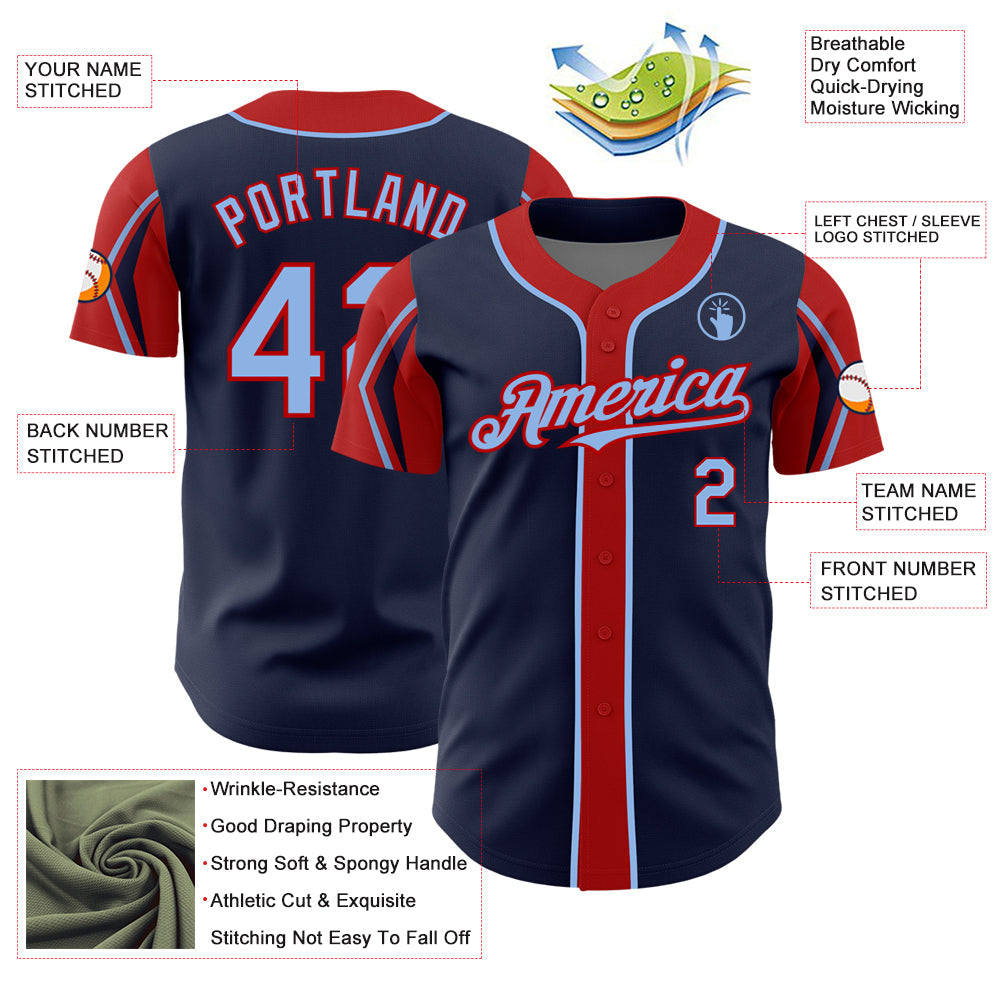 Custom Navy Light Blue-Red 3 Colors Arm Shapes Authentic Baseball Jersey - Sky-Custom
