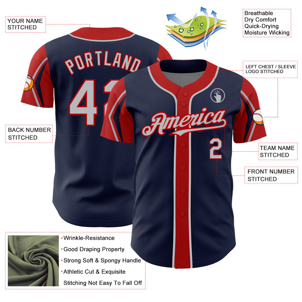 Custom Navy Gray-Red 3 Colors Arm Shapes Authentic Baseball Jersey - Sky-Custom