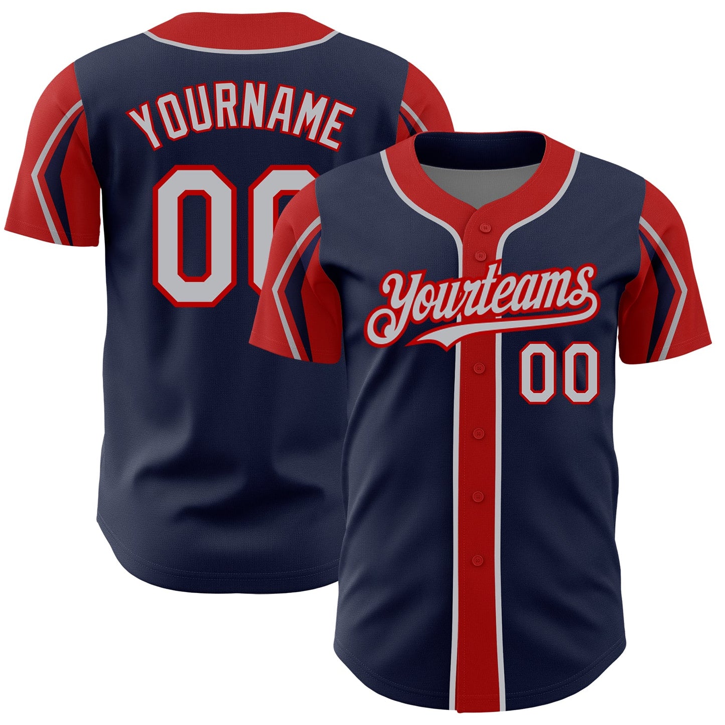 Custom Navy Gray-Red 3 Colors Arm Shapes Authentic Baseball Jersey - Sky-Custom