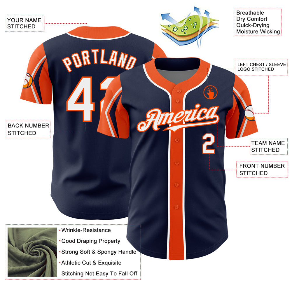 Custom Navy White-Orange 3 Colors Arm Shapes Authentic Baseball Jersey - Sky-Custom