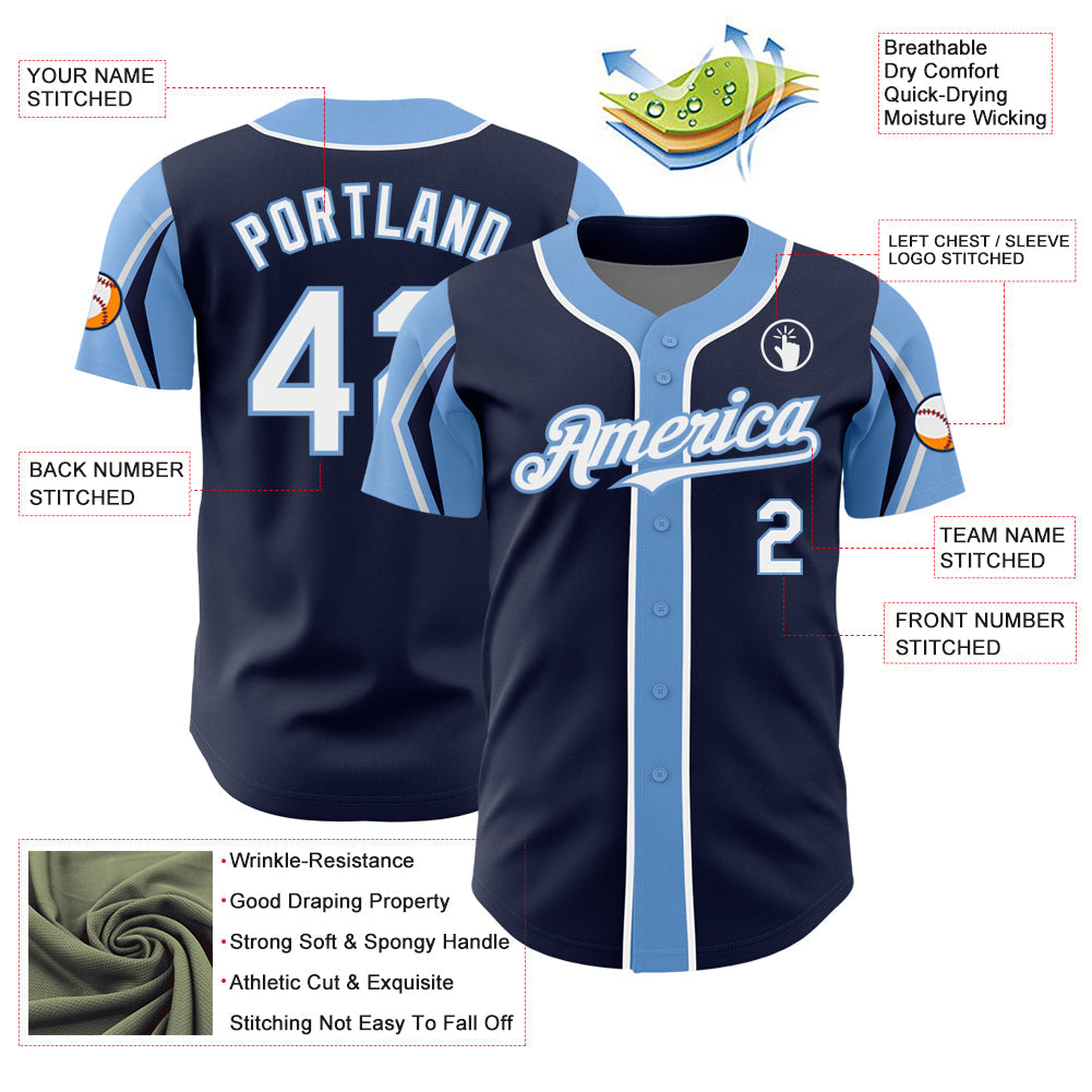 Custom Navy White-Light Blue 3 Colors Arm Shapes Authentic Baseball Jersey - Sky-Custom