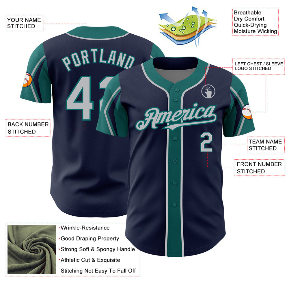 Custom Navy Gray-Teal 3 Colors Arm Shapes Authentic Baseball Jersey - Sky-Custom