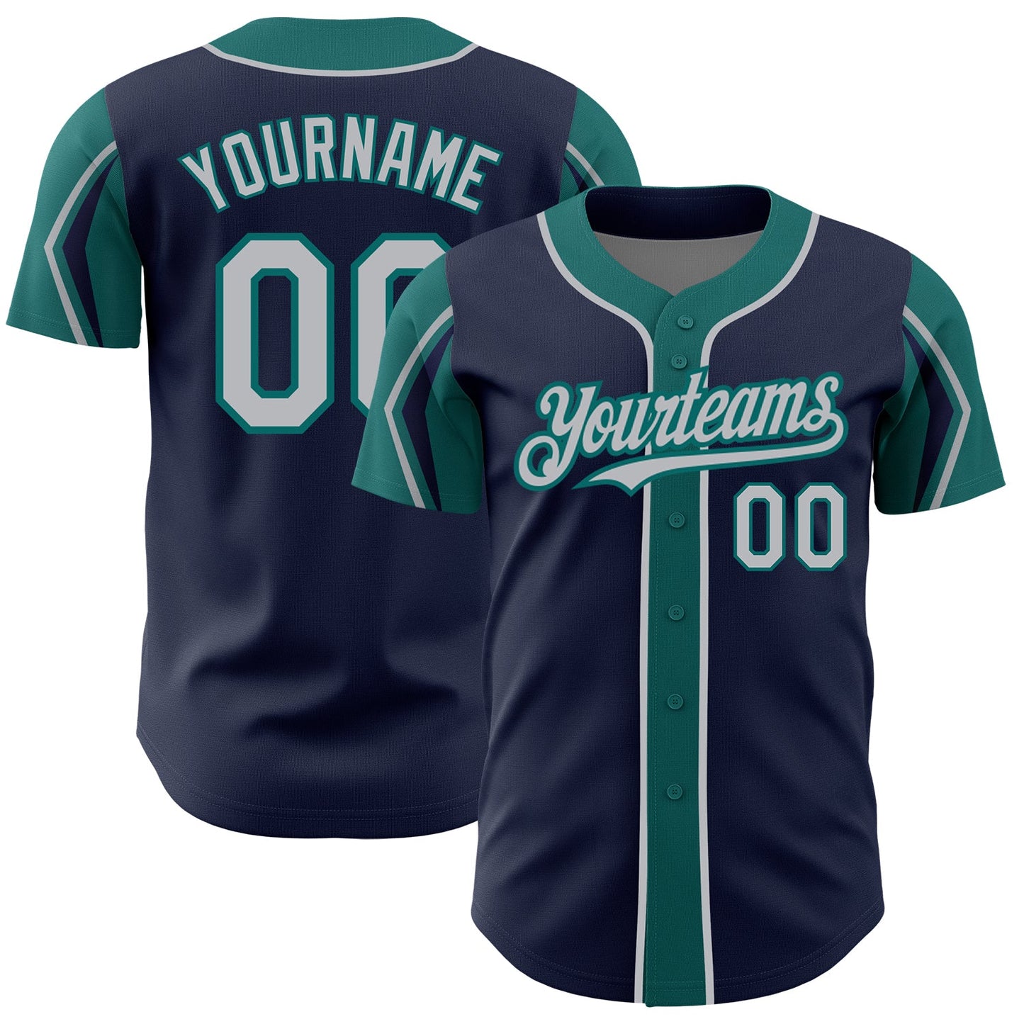 Custom Navy Gray-Teal 3 Colors Arm Shapes Authentic Baseball Jersey - Sky-Custom