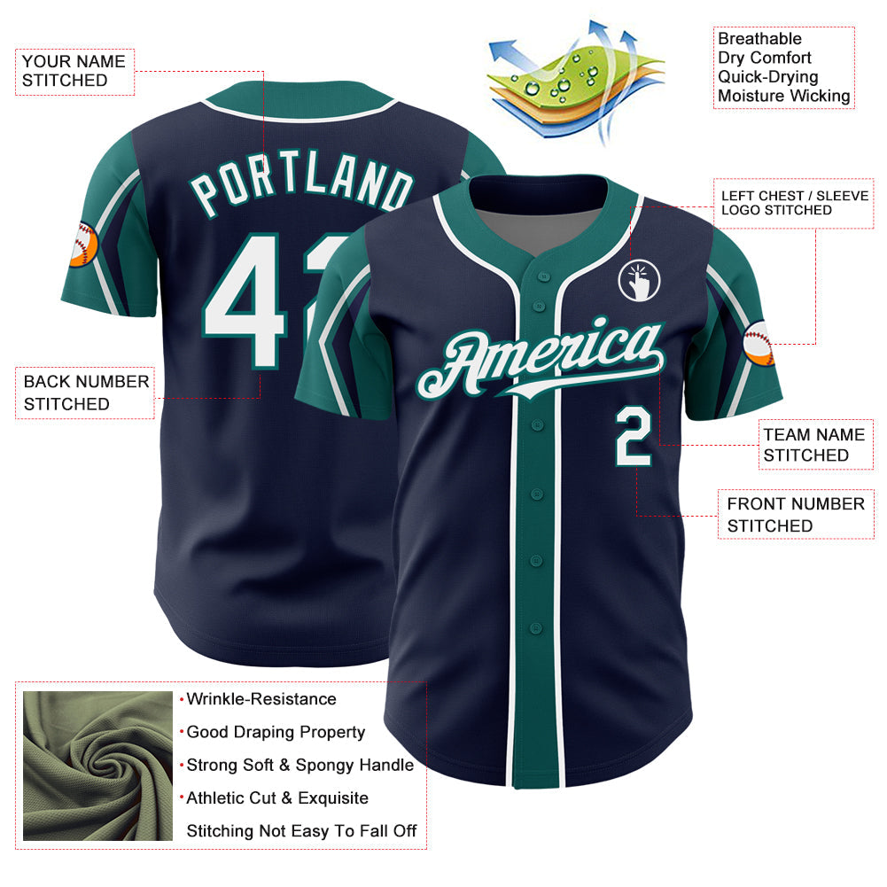 Custom Navy White-Teal 3 Colors Arm Shapes Authentic Baseball Jersey - Sky-Custom