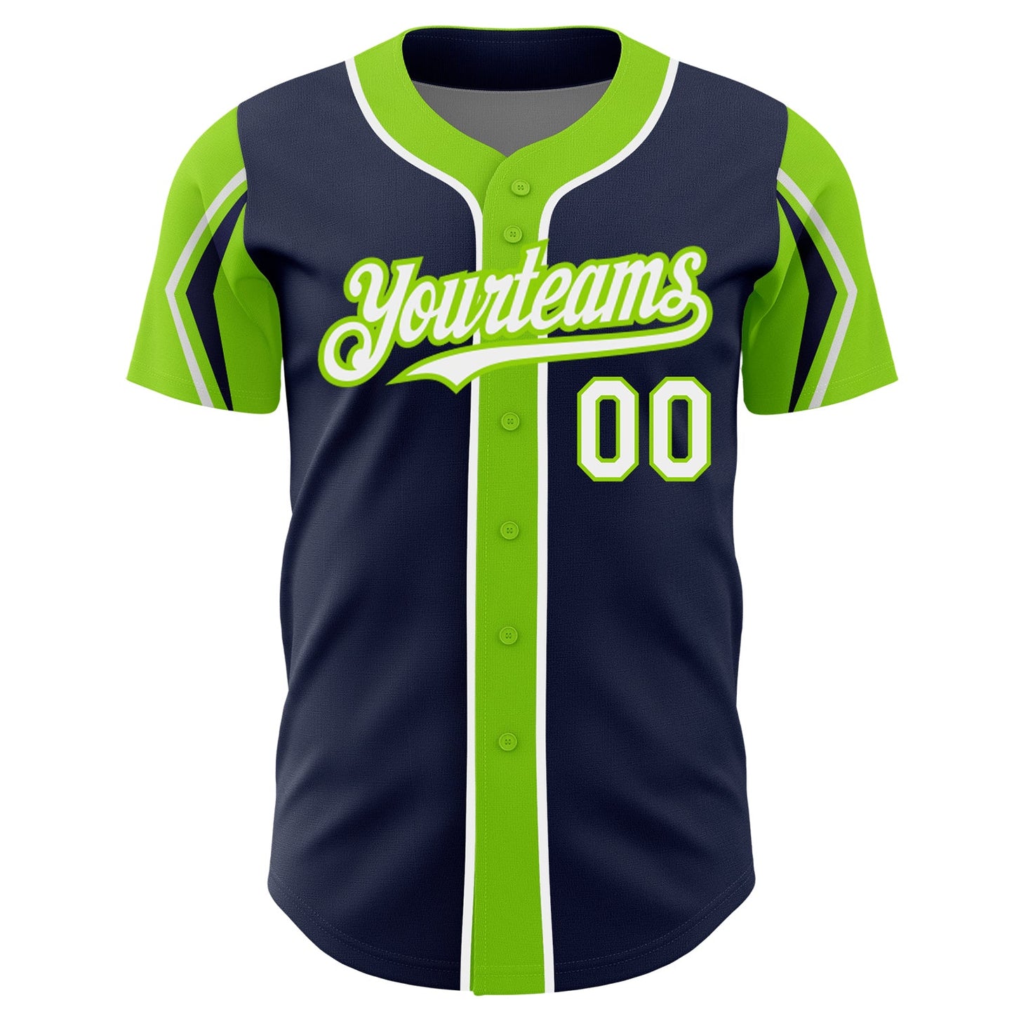Custom Navy White-Neon Green 3 Colors Arm Shapes Authentic Baseball Jersey - Sky-Custom