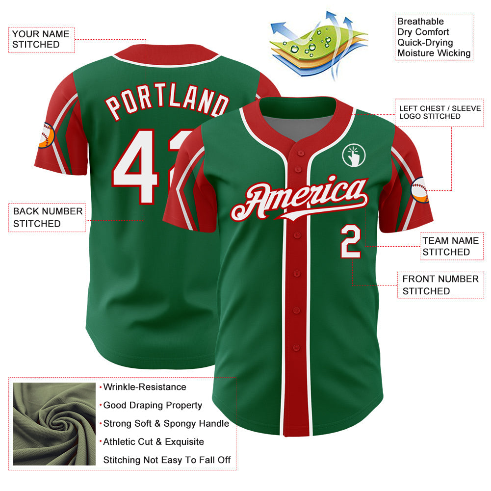 Custom Kelly Green White-Red 3 Colors Arm Shapes Authentic Baseball Jersey - Sky-Custom