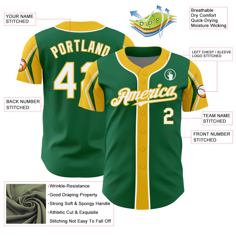 Custom Kelly Green White-Yellow 3 Colors Arm Shapes Authentic Baseball Jersey - Sky-Custom