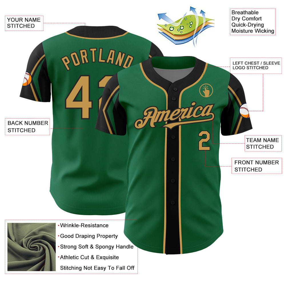 Custom Kelly Green Old Gold-Black 3 Colors Arm Shapes Authentic Baseball Jersey - Sky-Custom