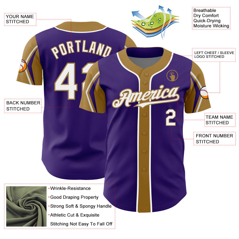 Custom Purple White-Old Gold 3 Colors Arm Shapes Authentic Baseball Jersey - Sky-Custom