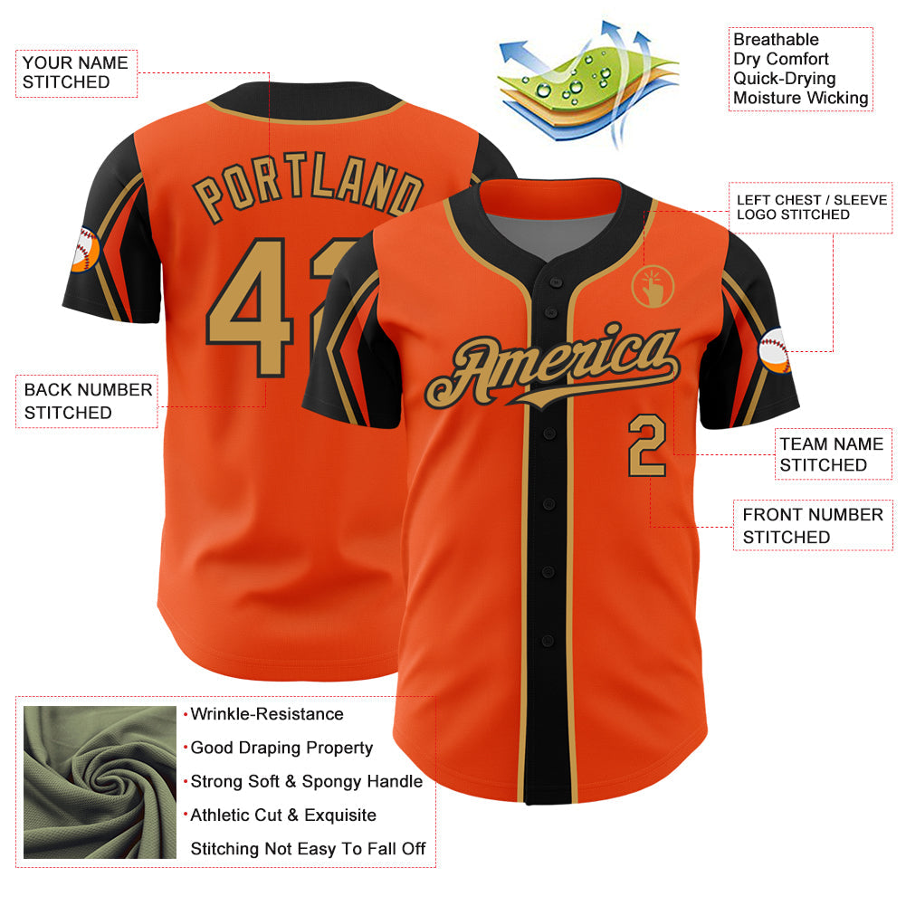 Custom Orange Old Gold-Black 3 Colors Arm Shapes Authentic Baseball Jersey - Sky-Custom
