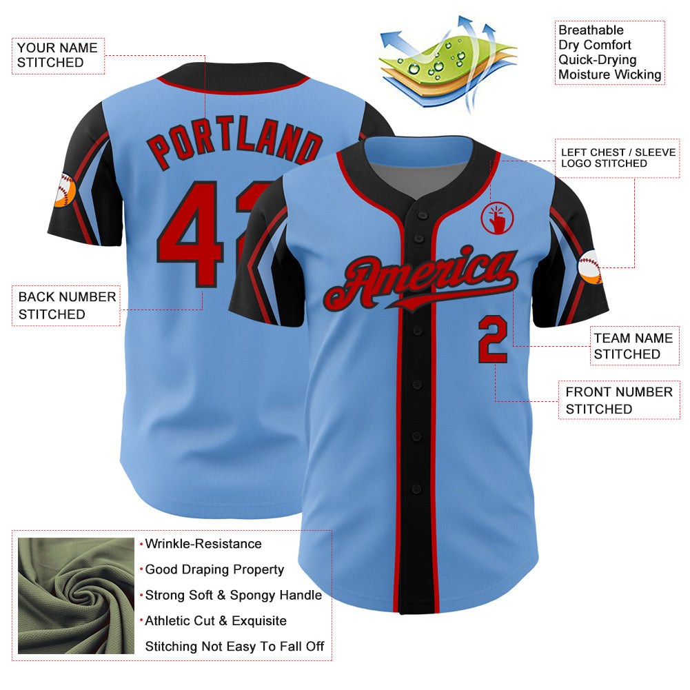 Custom Light Blue Red-Black 3 Colors Arm Shapes Authentic Baseball Jersey - Sky-Custom