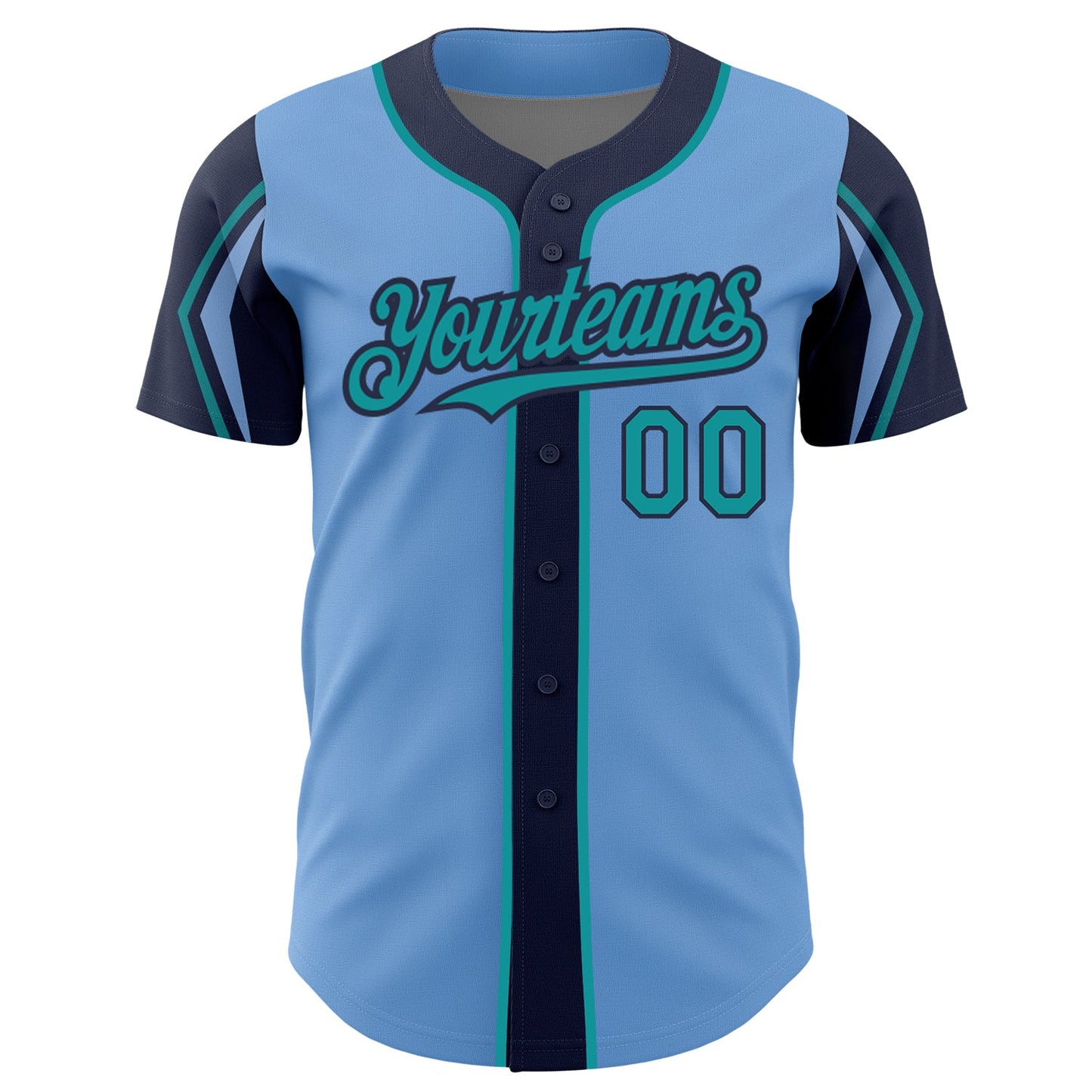 Custom Light Blue Teal-Navy 3 Colors Arm Shapes Authentic Baseball Jersey - Sky-Custom