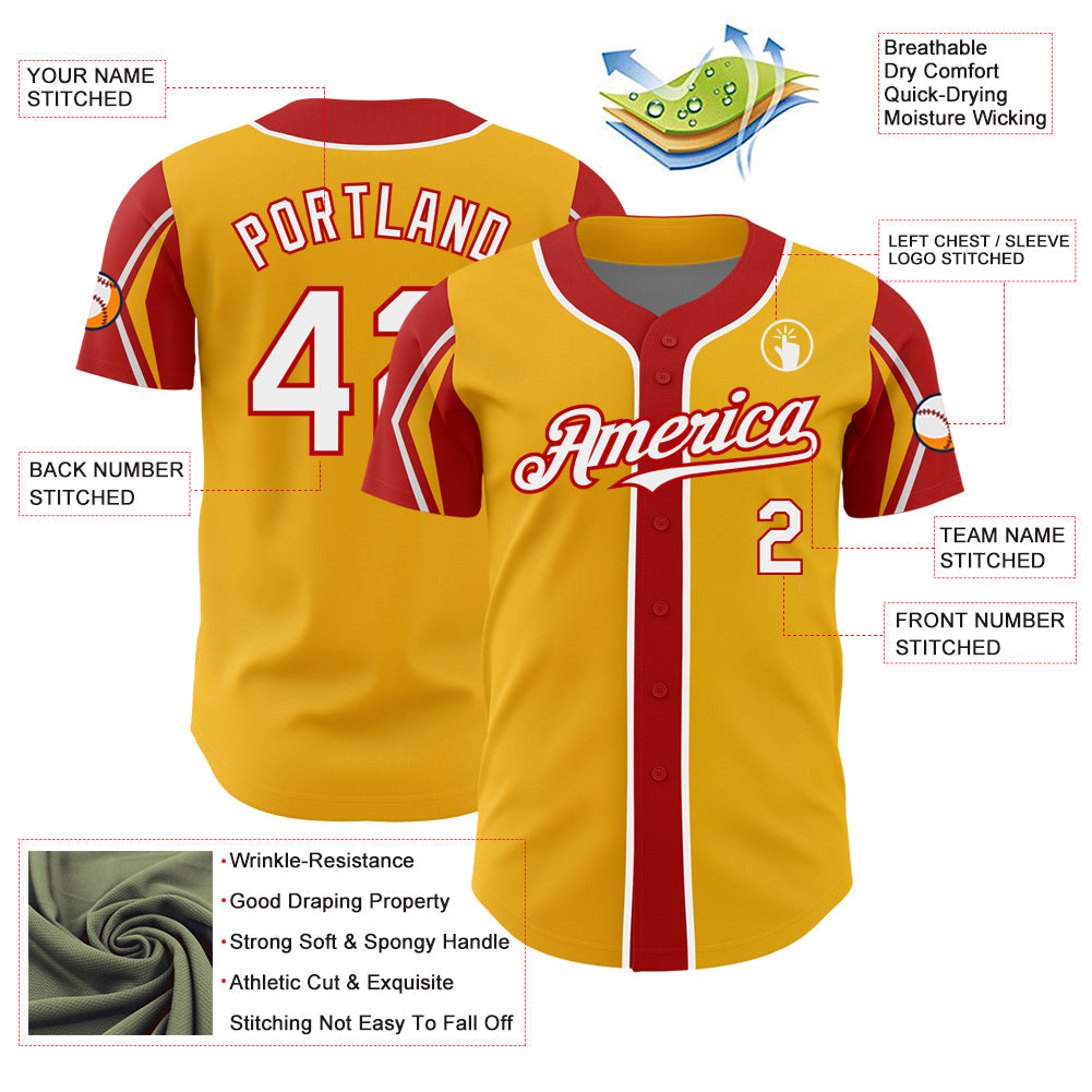 Custom Gold White-Red 3 Colors Arm Shapes Authentic Baseball Jersey - Sky-Custom