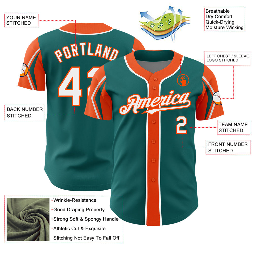 Custom Teal White-Orange 3 Colors Arm Shapes Authentic Baseball Jersey - Sky-Custom