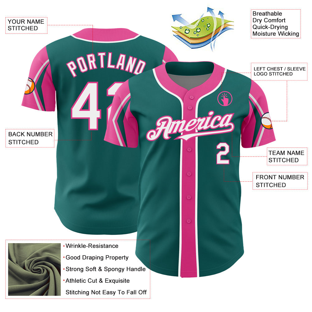 Custom Teal White-Pink 3 Colors Arm Shapes Authentic Baseball Jersey - Sky-Custom
