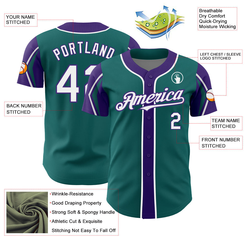 Custom Teal White-Purple 3 Colors Arm Shapes Authentic Baseball Jersey - Sky-Custom