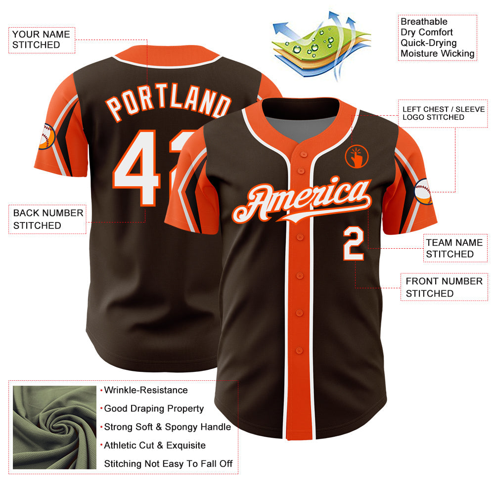 Custom Brown White-Orange 3 Colors Arm Shapes Authentic Baseball Jersey - Sky-Custom