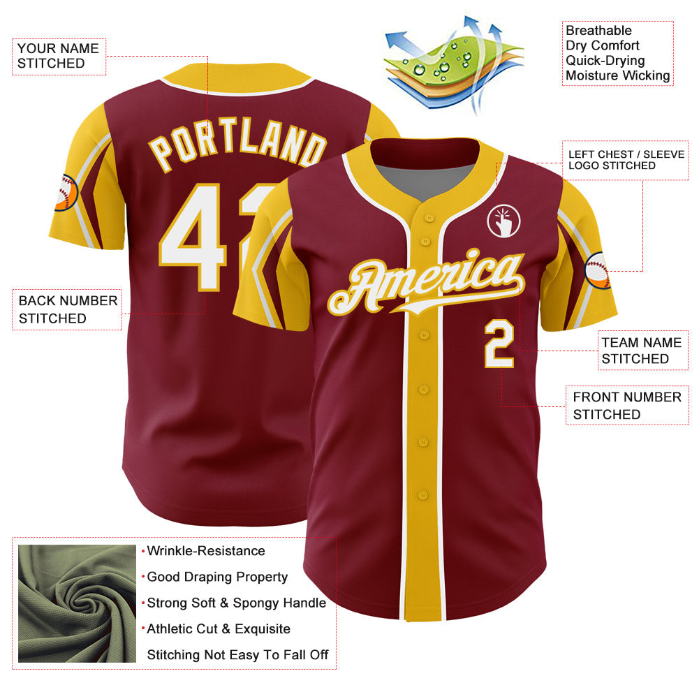 Custom Crimson White-Yellow 3 Colors Arm Shapes Authentic Baseball Jersey - Sky-Custom