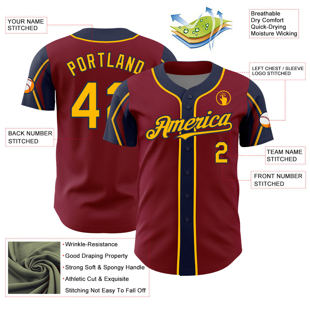 Custom Crimson Gold-Navy 3 Colors Arm Shapes Authentic Baseball Jersey - Sky-Custom