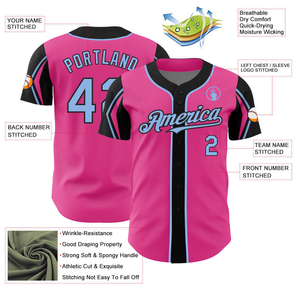 Custom Pink Light Blue-Black 3 Colors Arm Shapes Authentic Baseball Jersey - Sky-Custom