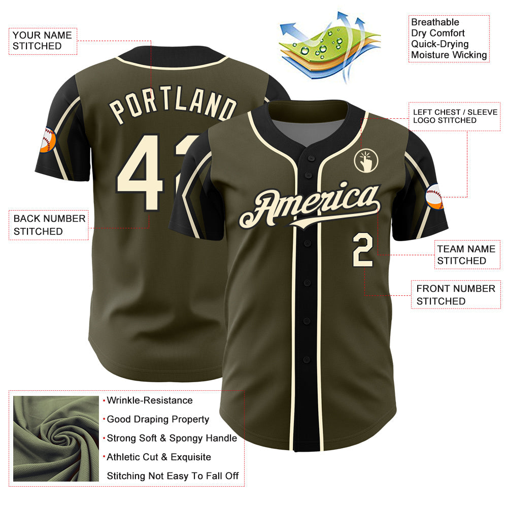 Custom Olive Cream-Black 3 Colors Arm Shapes Authentic Salute To Service Baseball Jersey - Sky-Custom