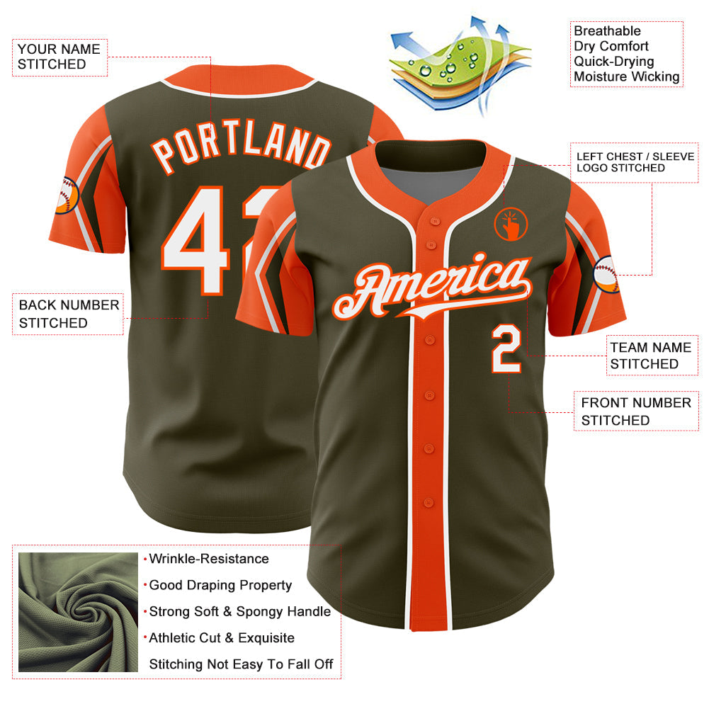 Custom Olive White-Orange 3 Colors Arm Shapes Authentic Salute To Service Baseball Jersey - Sky-Custom