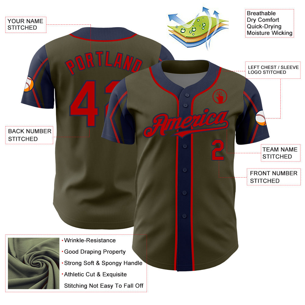 Custom Olive Red-Navy 3 Colors Arm Shapes Authentic Salute To Service Baseball Jersey - Sky-Custom