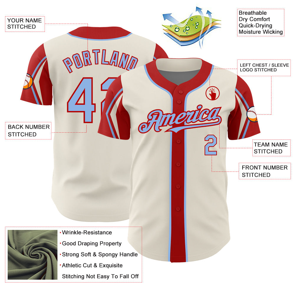 Custom Cream Light Blue-Red 3 Colors Arm Shapes Authentic Baseball Jersey - Sky-Custom