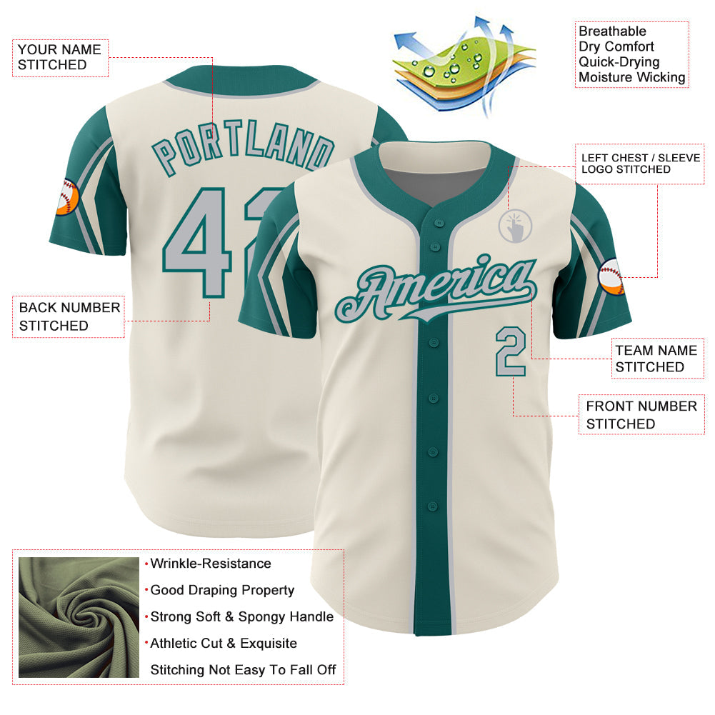 Custom Cream Gray-Teal 3 Colors Arm Shapes Authentic Baseball Jersey - Sky-Custom