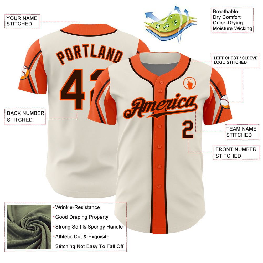 Custom Cream Brown-Orange 3 Colors Arm Shapes Authentic Baseball Jersey - Sky-Custom