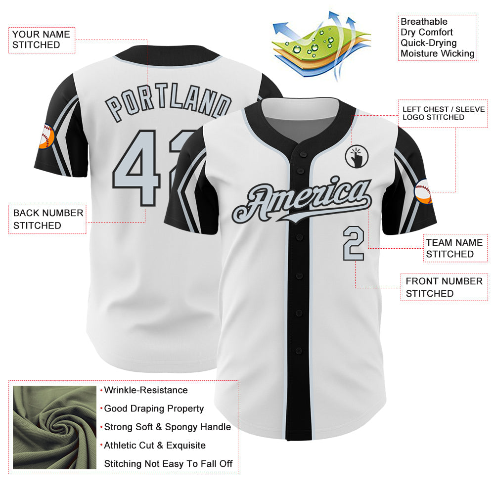 Custom White Silver-Black 3 Colors Arm Shapes Authentic Baseball Jersey - Sky-Custom