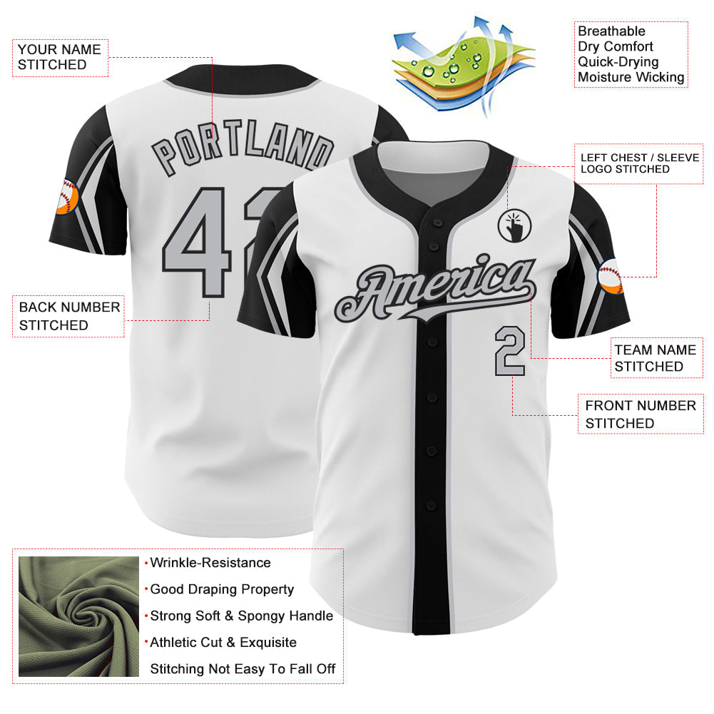 Custom White Gray-Black 3 Colors Arm Shapes Authentic Baseball Jersey - Sky-Custom