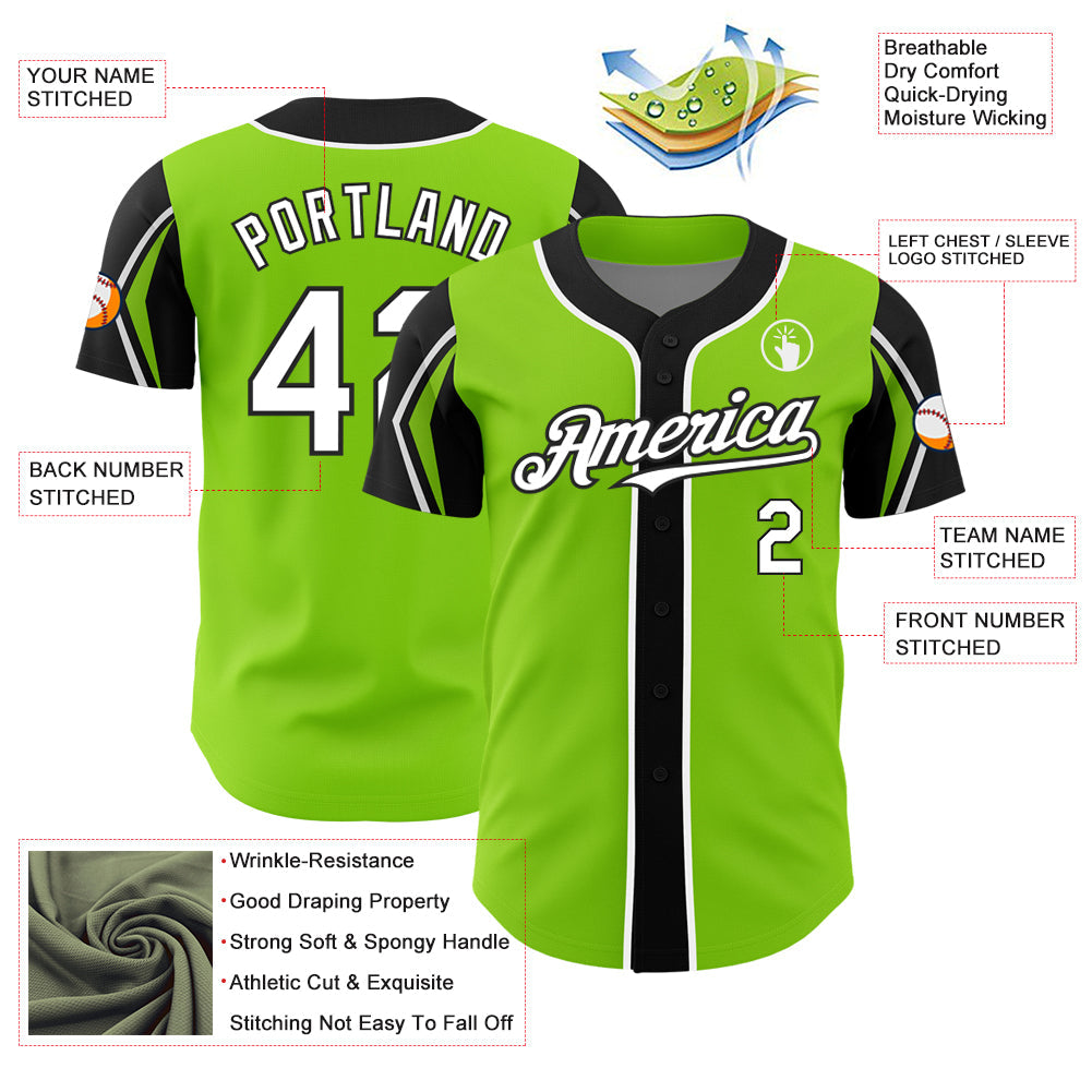 Custom Neon Green White-Black 3 Colors Arm Shapes Authentic Baseball Jersey - Sky-Custom