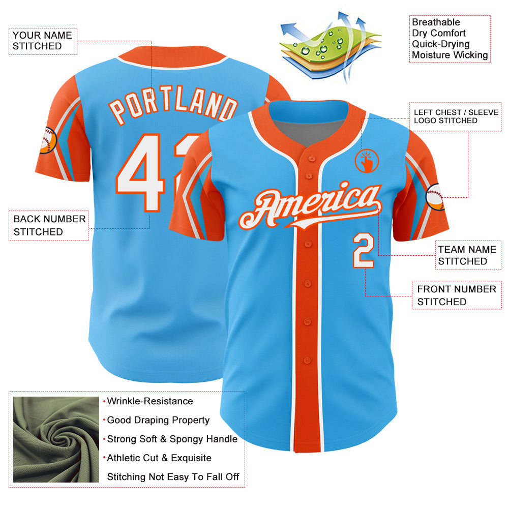 Custom Sky Blue White-Orange 3 Colors Arm Shapes Authentic Baseball Jersey - Sky-Custom