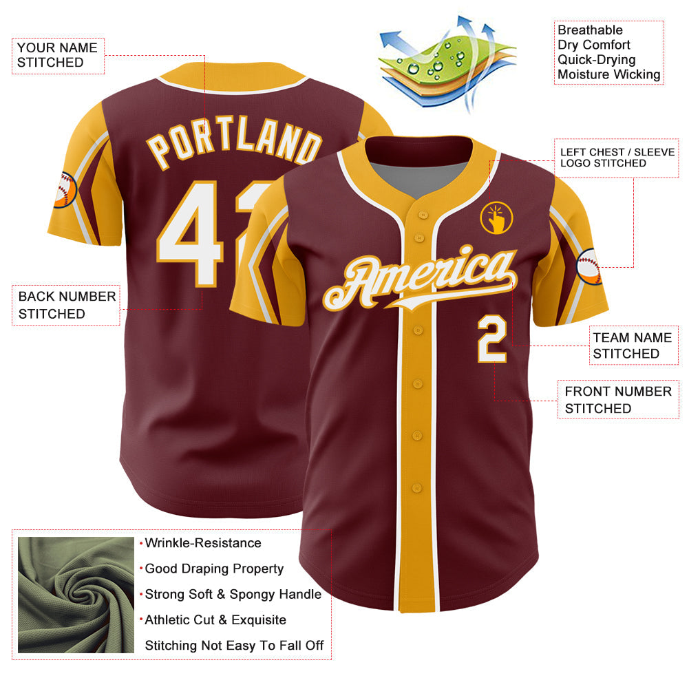 Custom Burgundy White-Gold 3 Colors Arm Shapes Authentic Baseball Jersey - Sky-Custom