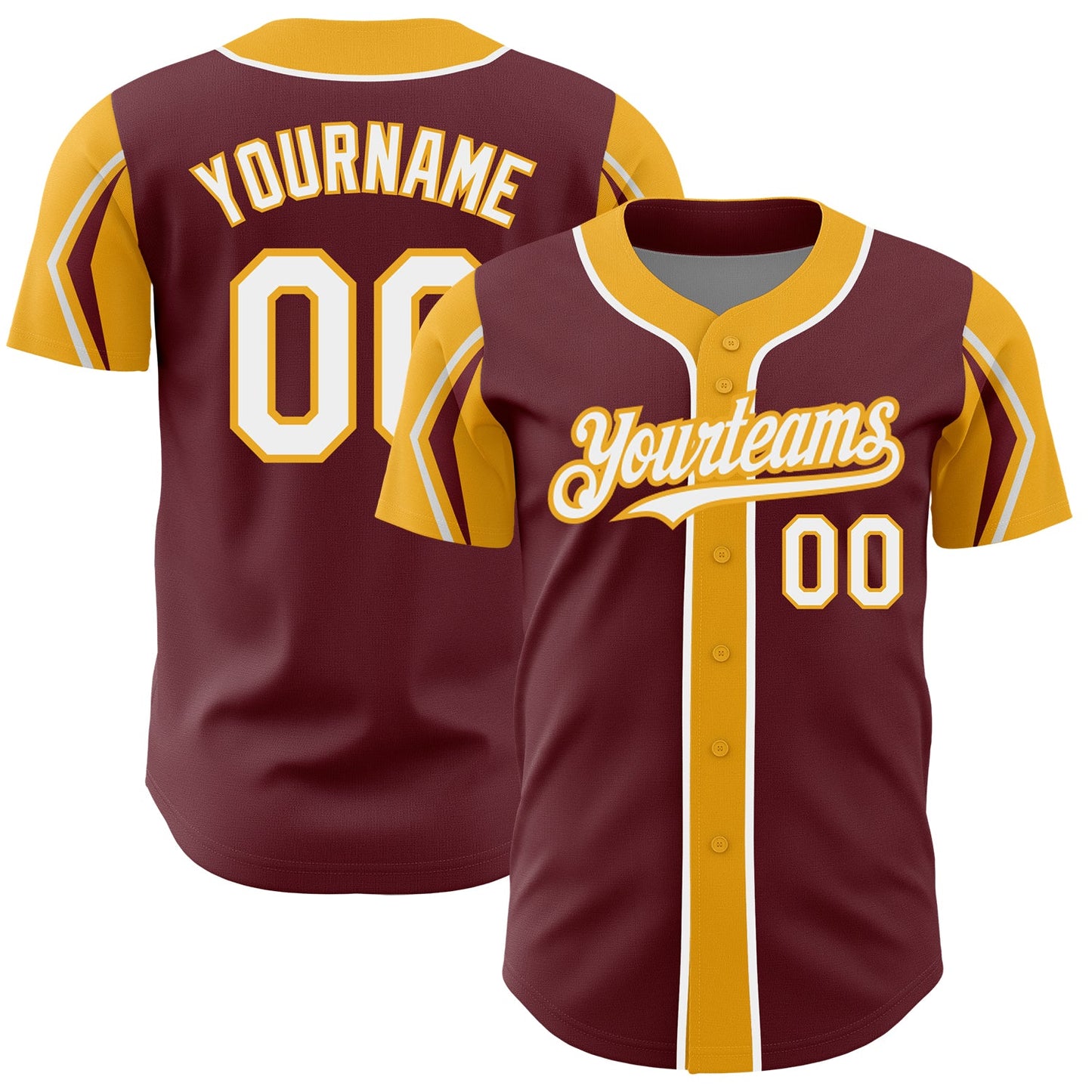 Custom Burgundy White-Gold 3 Colors Arm Shapes Authentic Baseball Jersey - Sky-Custom