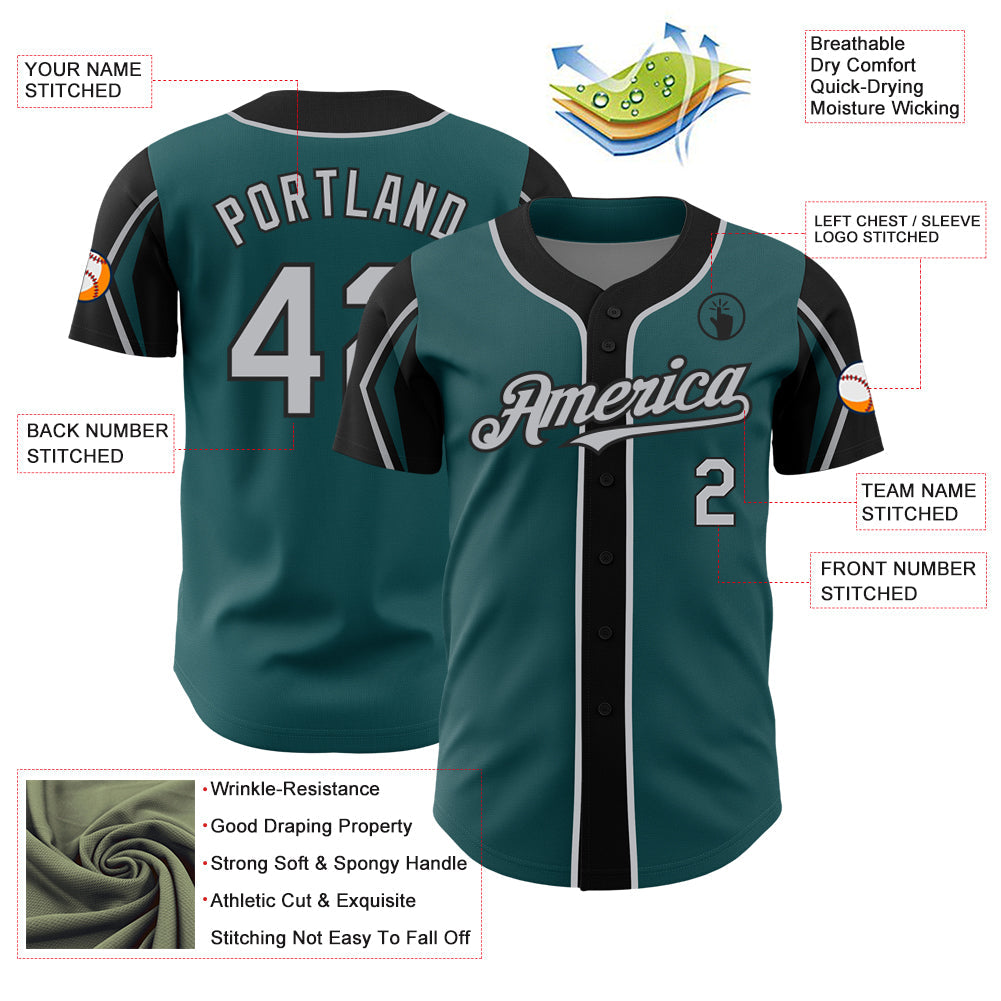Custom Midnight Green Gray-Black 3 Colors Arm Shapes Authentic Baseball Jersey - Sky-Custom