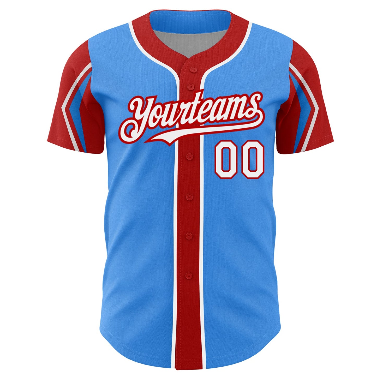Custom Electric Blue White-Red 3 Colors Arm Shapes Authentic Baseball Jersey - Sky-Custom