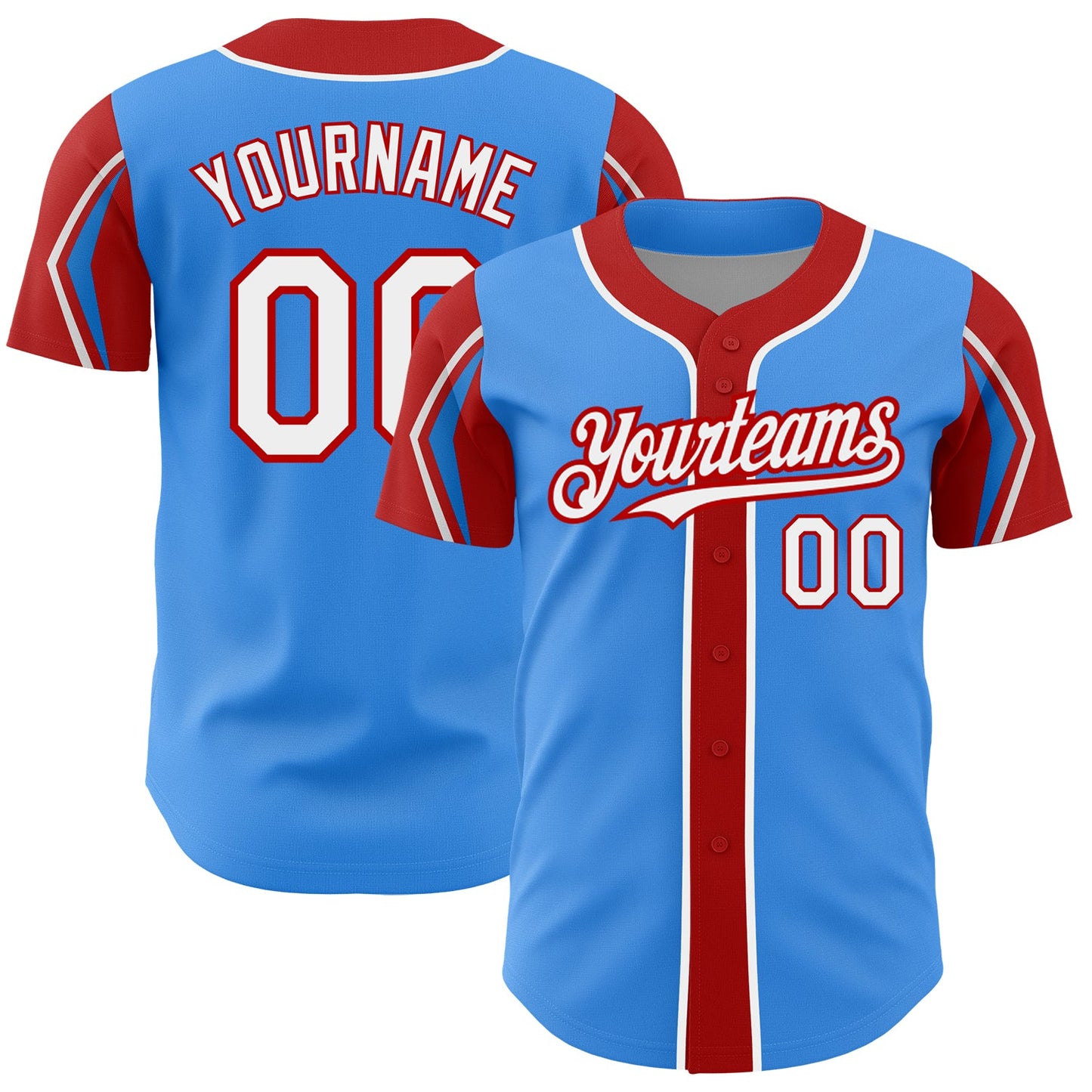 Custom Electric Blue White-Red 3 Colors Arm Shapes Authentic Baseball Jersey - Sky-Custom