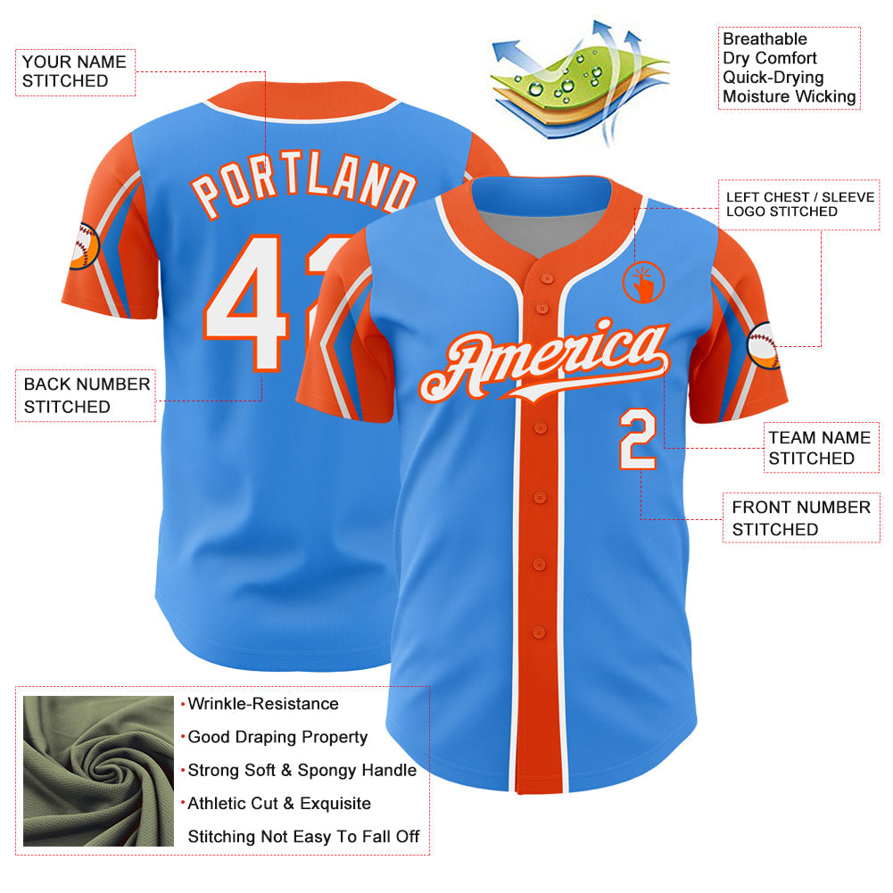 Custom Electric Blue White-Orange 3 Colors Arm Shapes Authentic Baseball Jersey - Sky-Custom