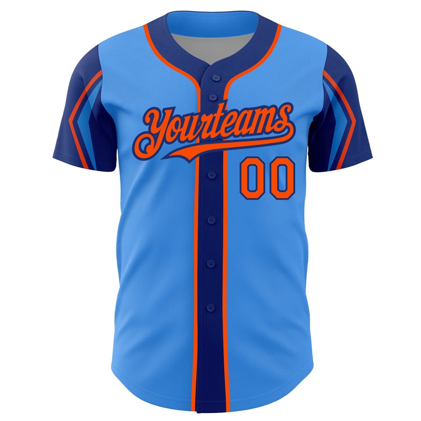 Custom Electric Blue Orange-Royal 3 Colors Arm Shapes Authentic Baseball Jersey - Sky-Custom